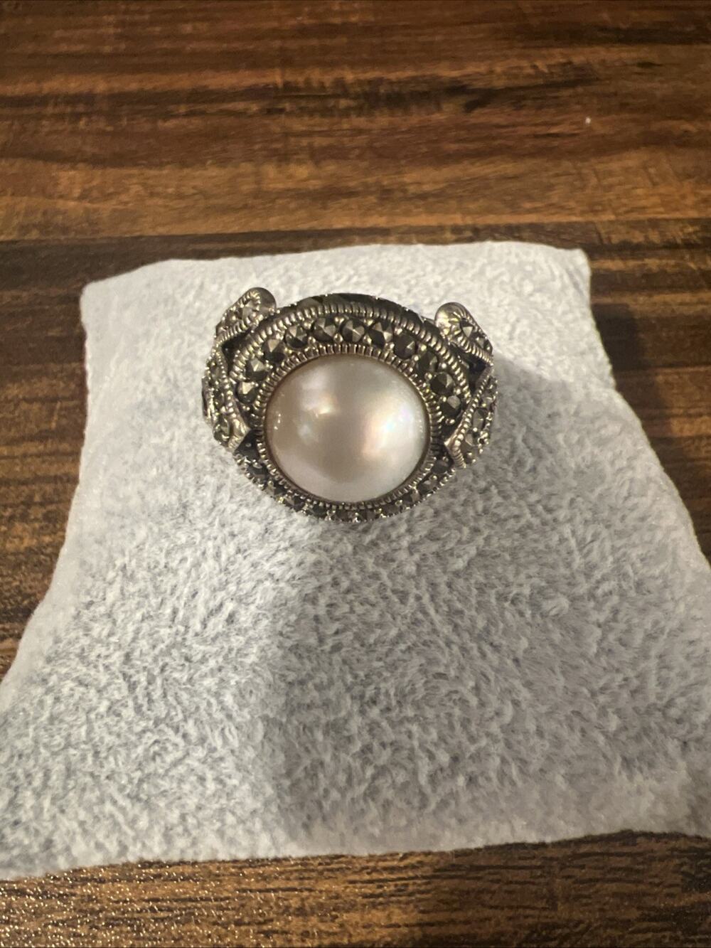 Sterling Silver Large Pearl Marcasite and Garnet Ring Size 8 Renaissance